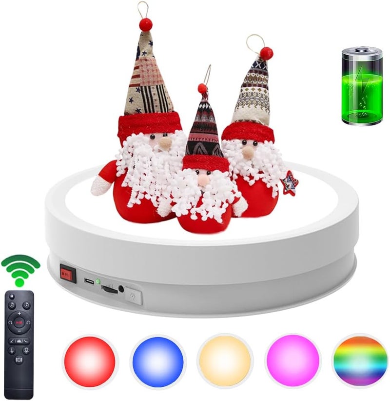JAYEGT Variety Colors LED Light Base Non-Slip Rotating Display Stand , 66Lbs Load,360 Photography Turntable for Products Shows, Glass Crystal Artwork, Jewelry,Remote control (12.6inch / 6Color LED Light / White/Rechargeable) - Image 1
